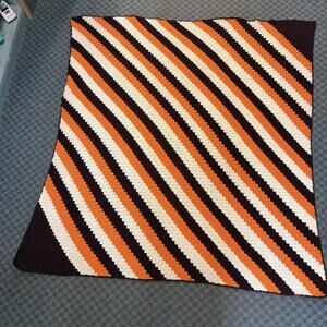 Handmade Knitted Striped Throw Blanket 67x64 White Orange Brown Retro Cozy